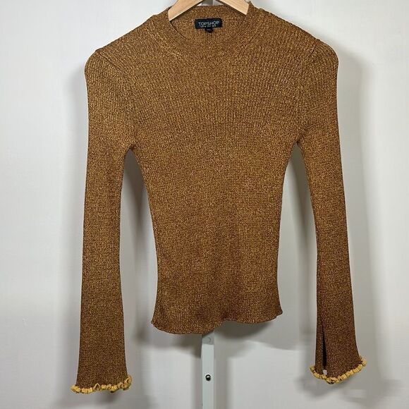 TOPSHOP Women's Ribbed Mock Neck Long Sleeve Sweater Mustard Gold Size 8 - Picture 2 of 8